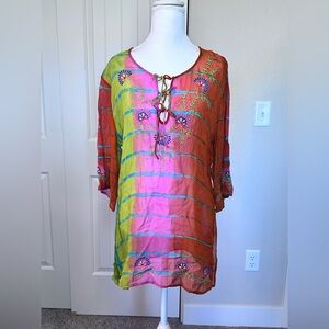Newport News Embroidered Multi Tie Sheer Tunic Cover Up Top Boho Peasant Medium
